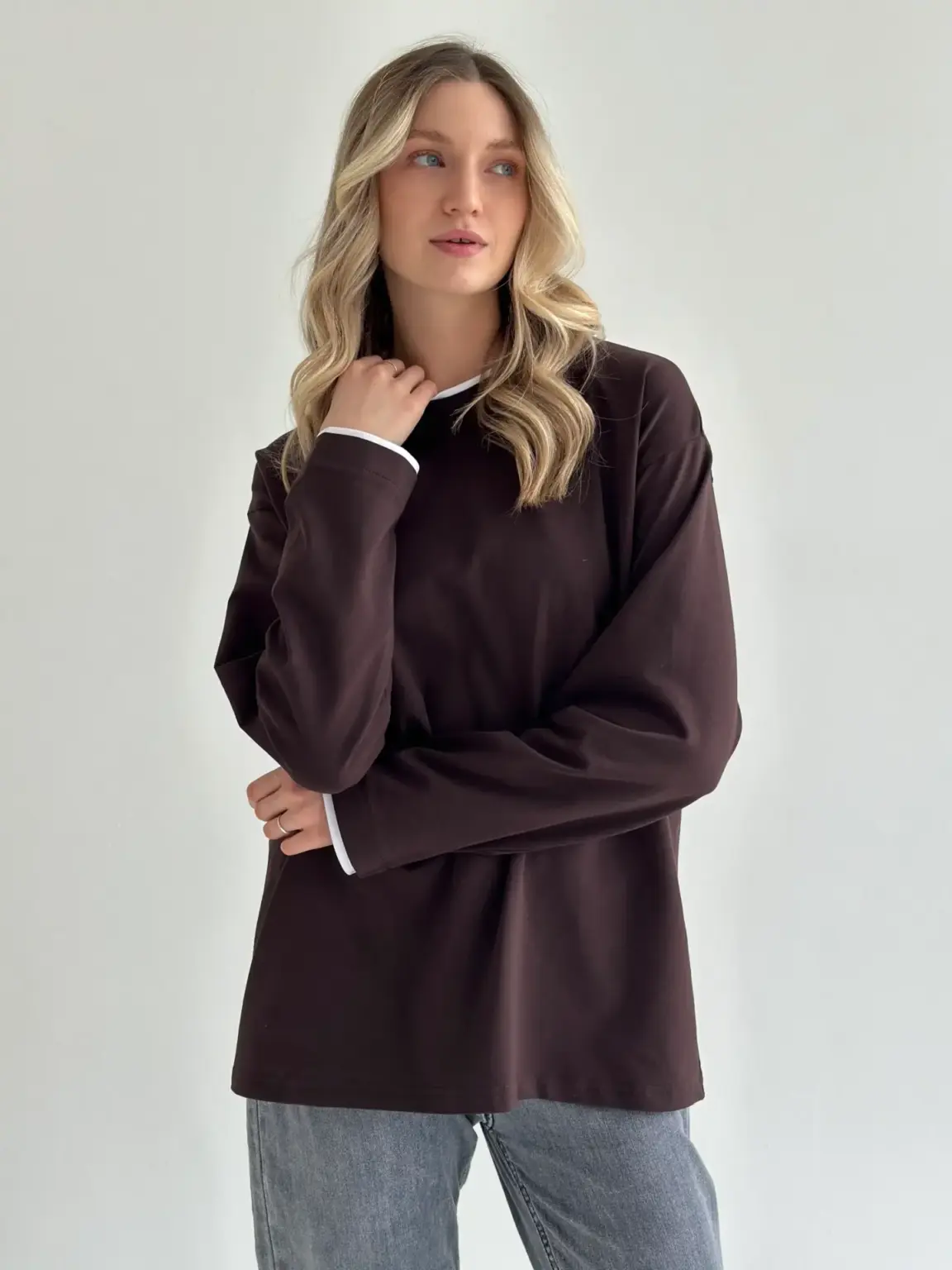 Лонгслів з білим кантом коричневий, onesize