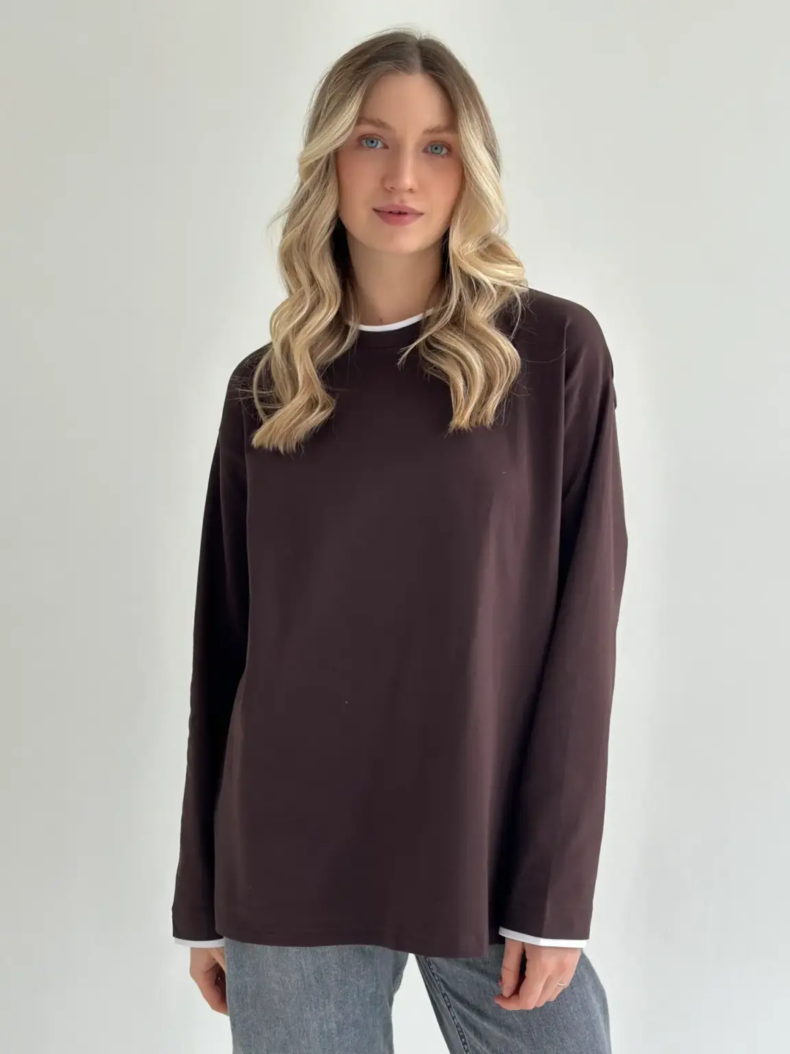 Лонгслів з білим кантом коричневий, onesize