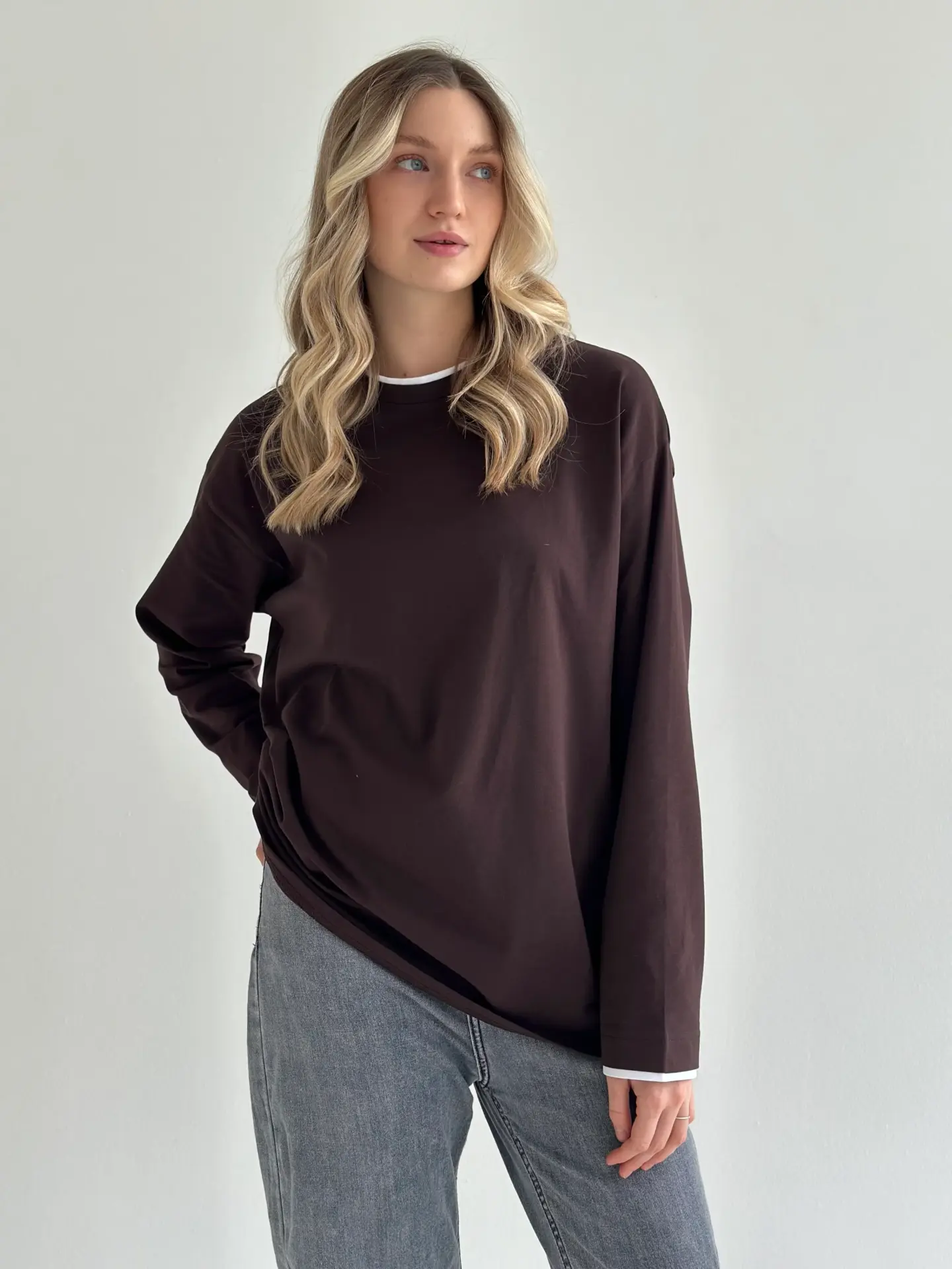 Лонгслів з білим кантом коричневий, onesize