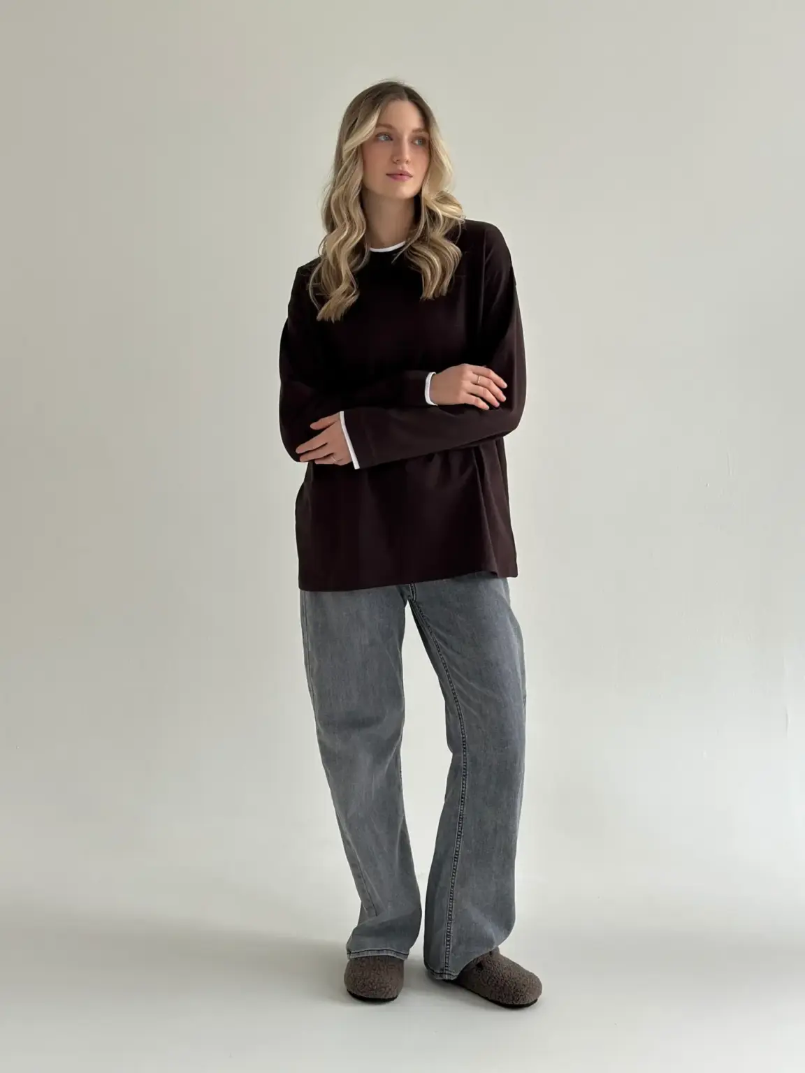 Лонгслів з білим кантом коричневий, onesize