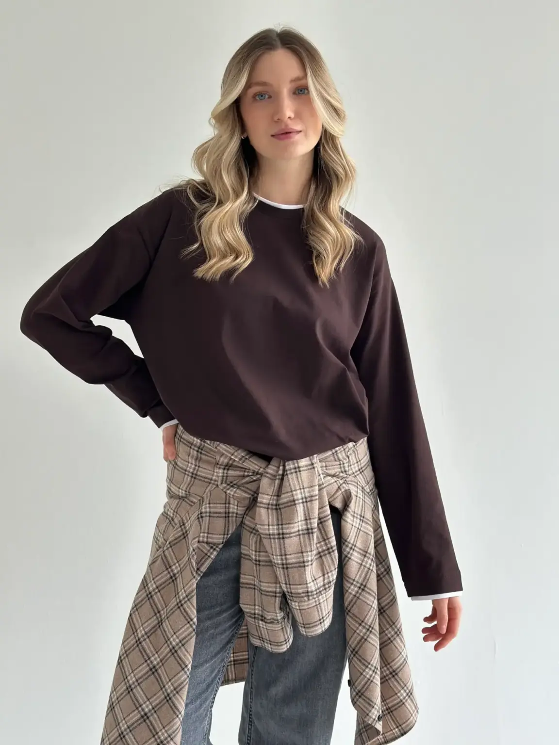 Лонгслів з білим кантом коричневий, onesize