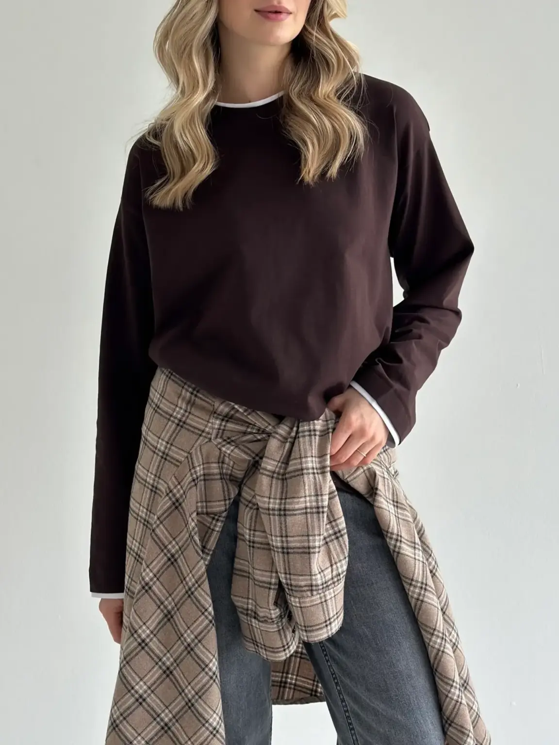 Лонгслів з білим кантом коричневий, onesize