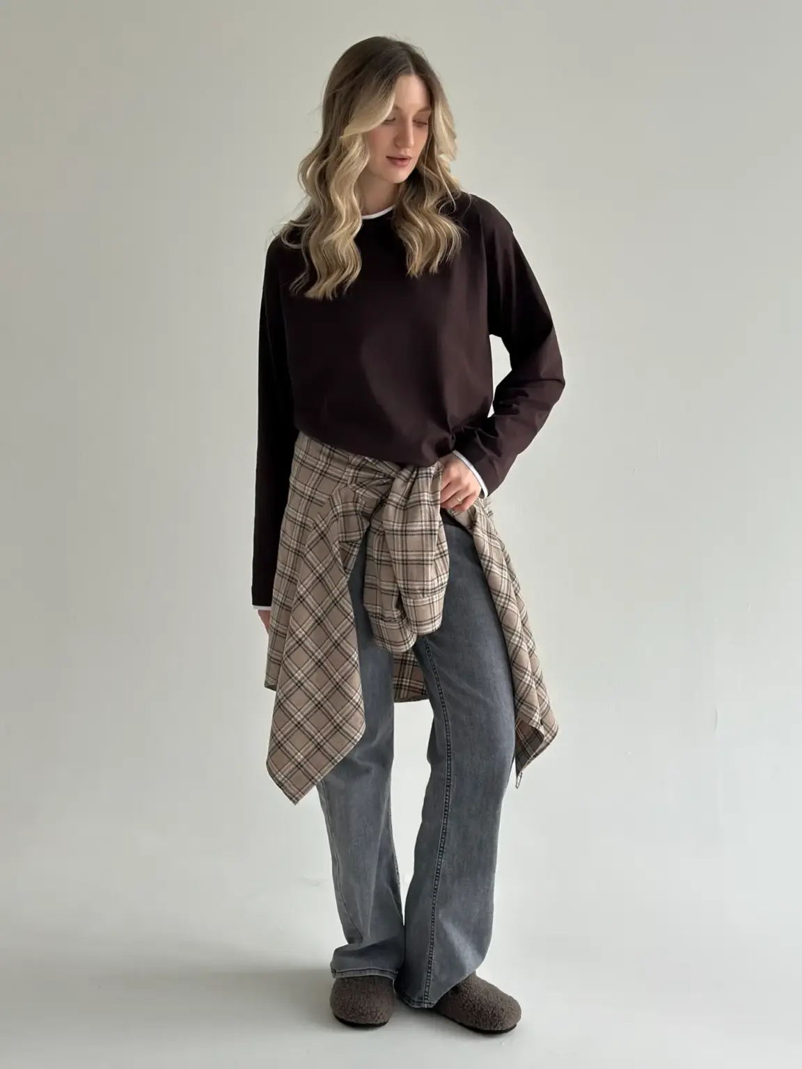 Лонгслів з білим кантом коричневий, onesize