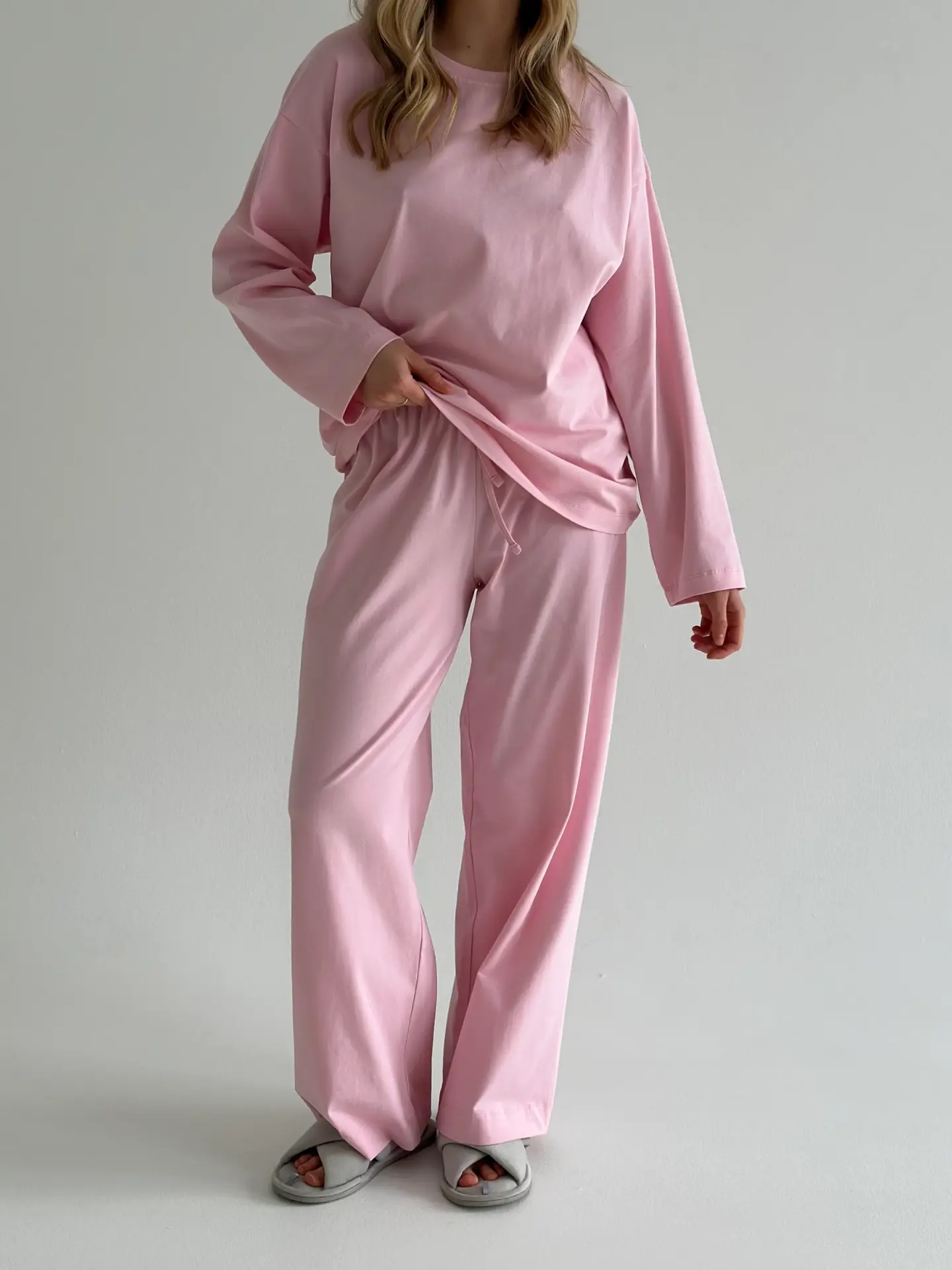 Трикотаж Кулір комплект лонгслів широкий та штани рожевий