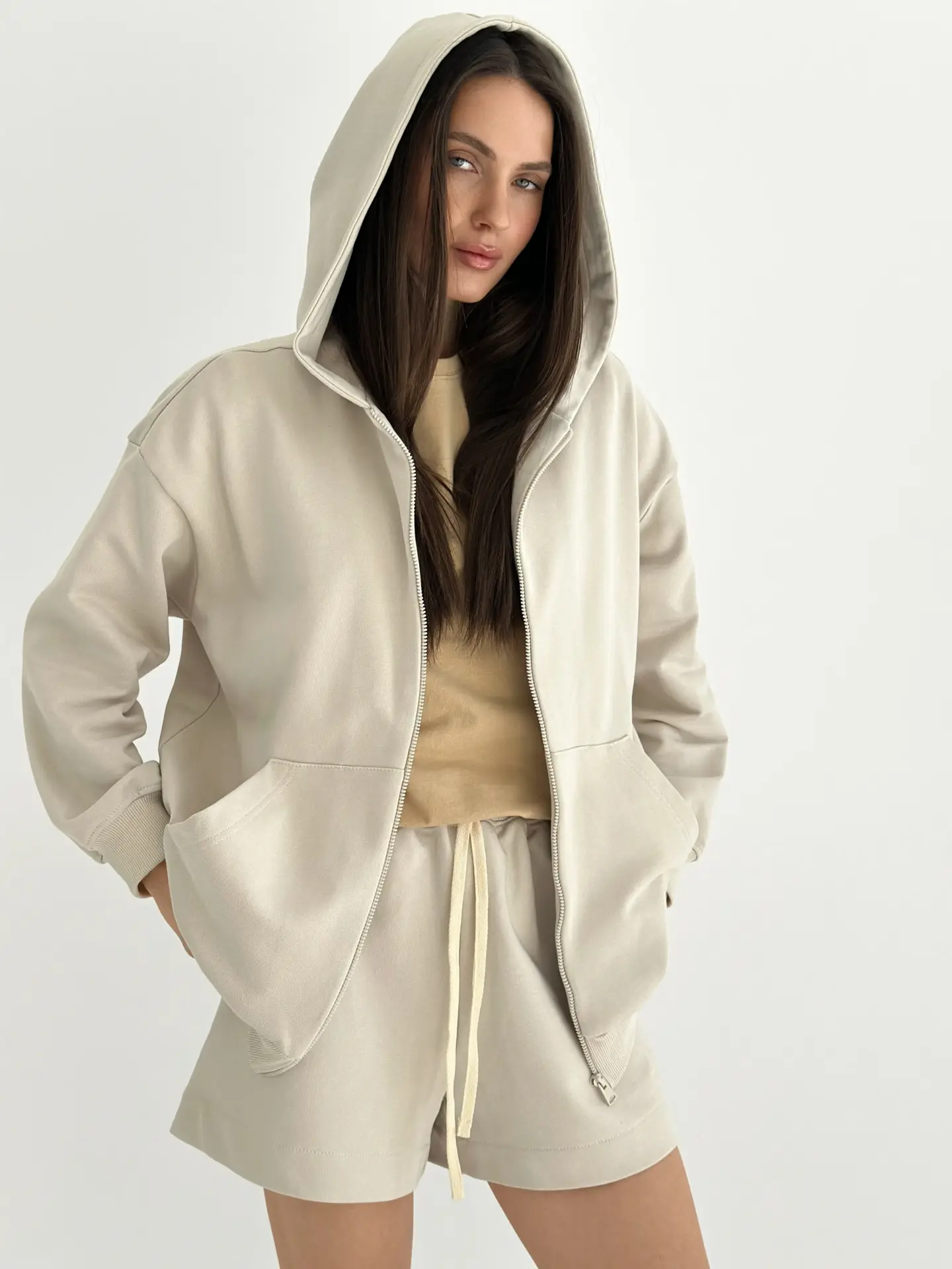 Бавовна Кофта з капюшоном на блискавці трикотаж 3-х. нитка бежева