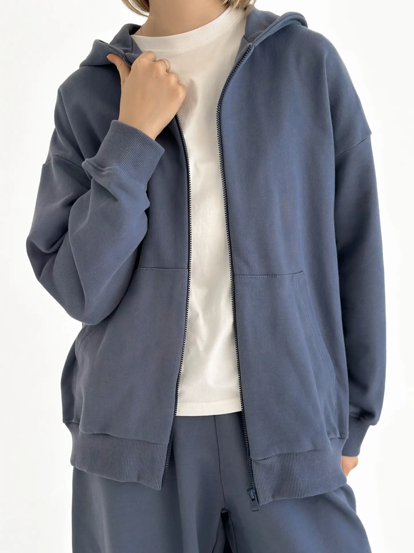 Бавовна Кофта з капюшоном на блискавці трикотаж 3-х. нитка синя