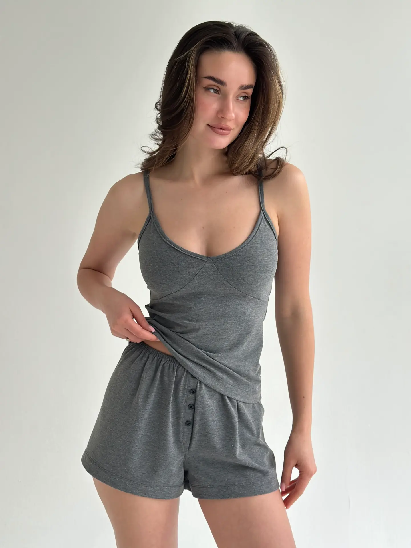 Трикотаж Кулір комплект майка та шорти з гульфом антрацит