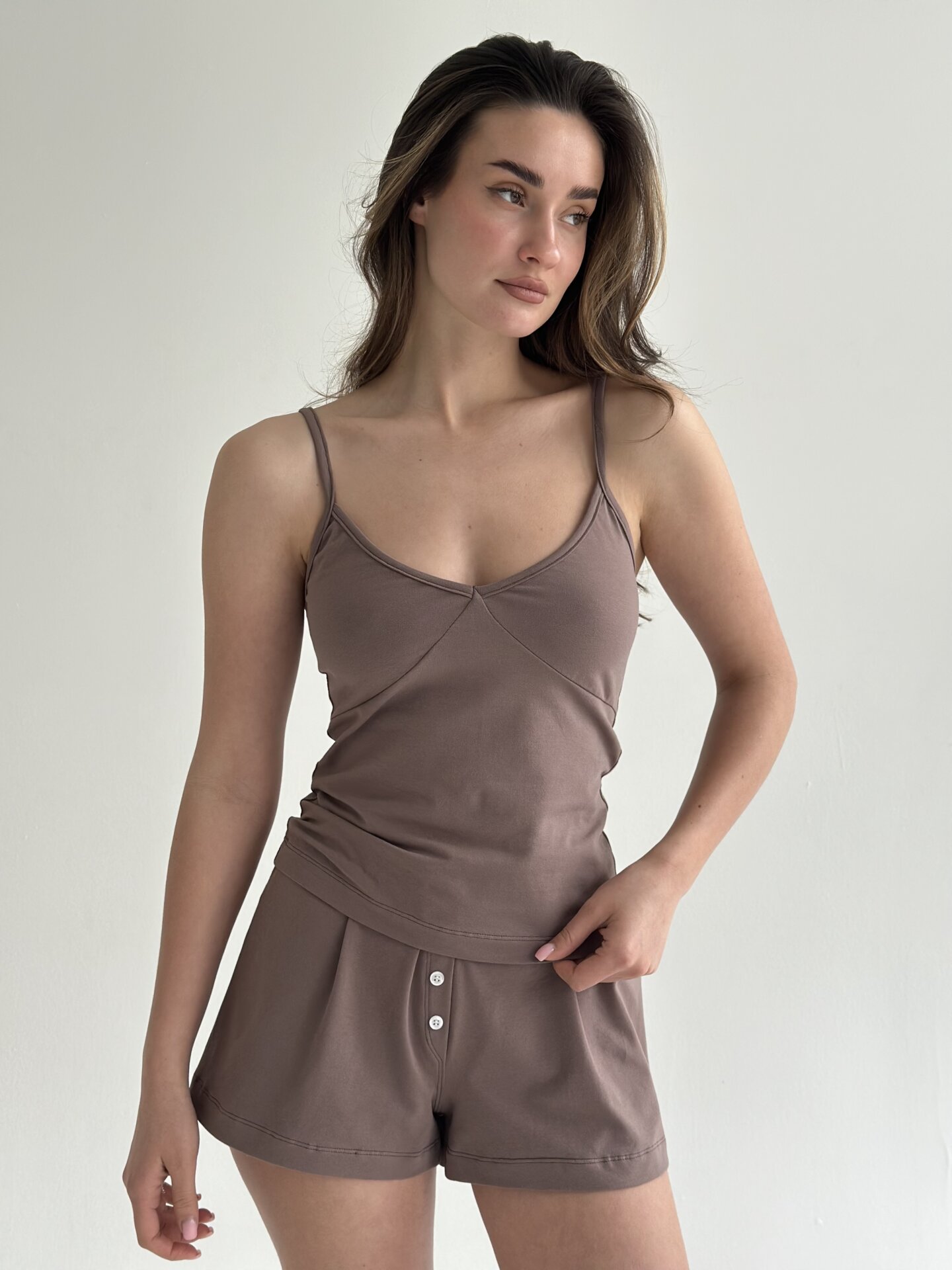 Трикотаж Кулір комплект майка та шорти з гульфом шоколад