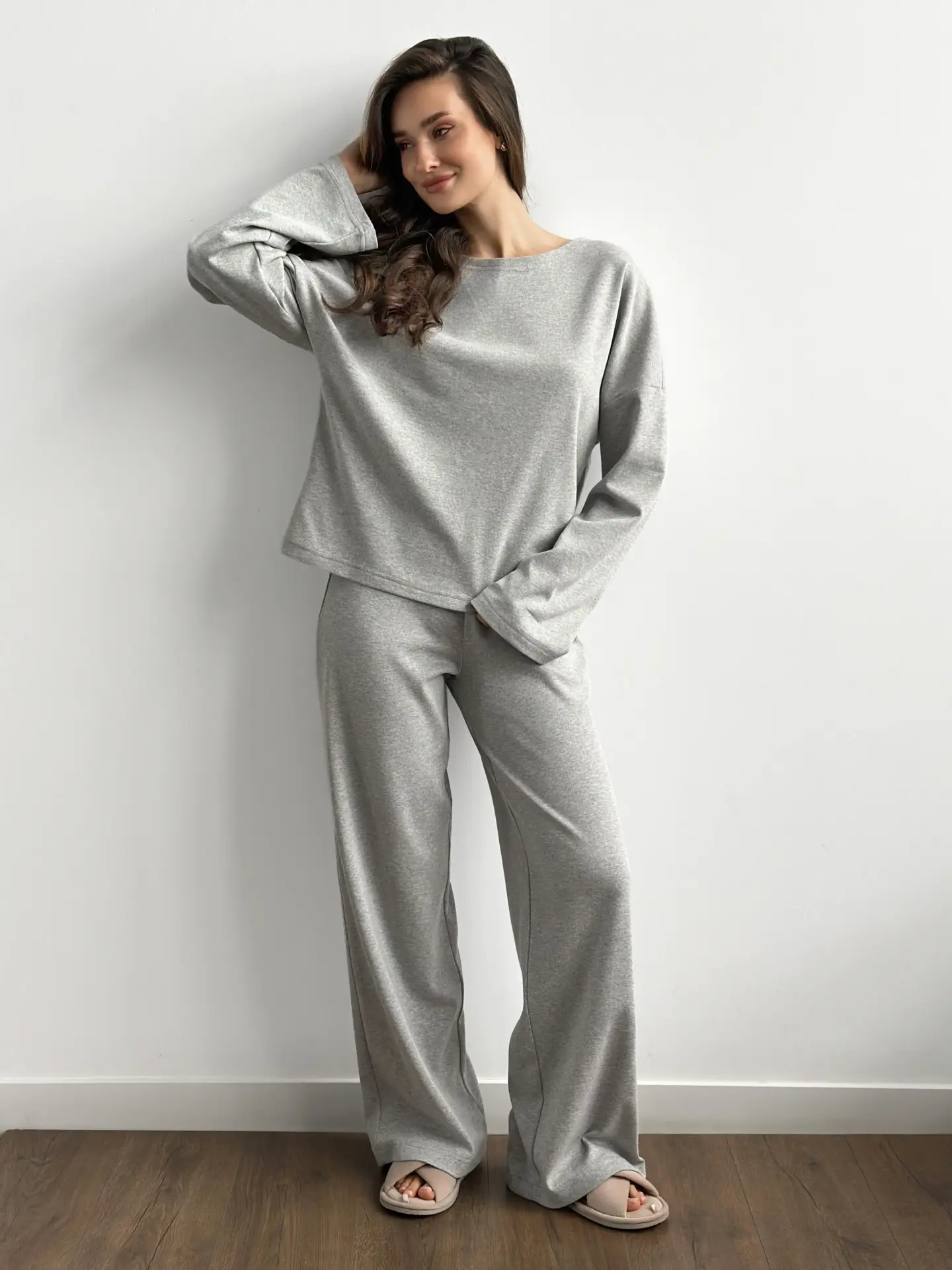 Трикотаж костюм Лонгслів та Штани широкі сірий