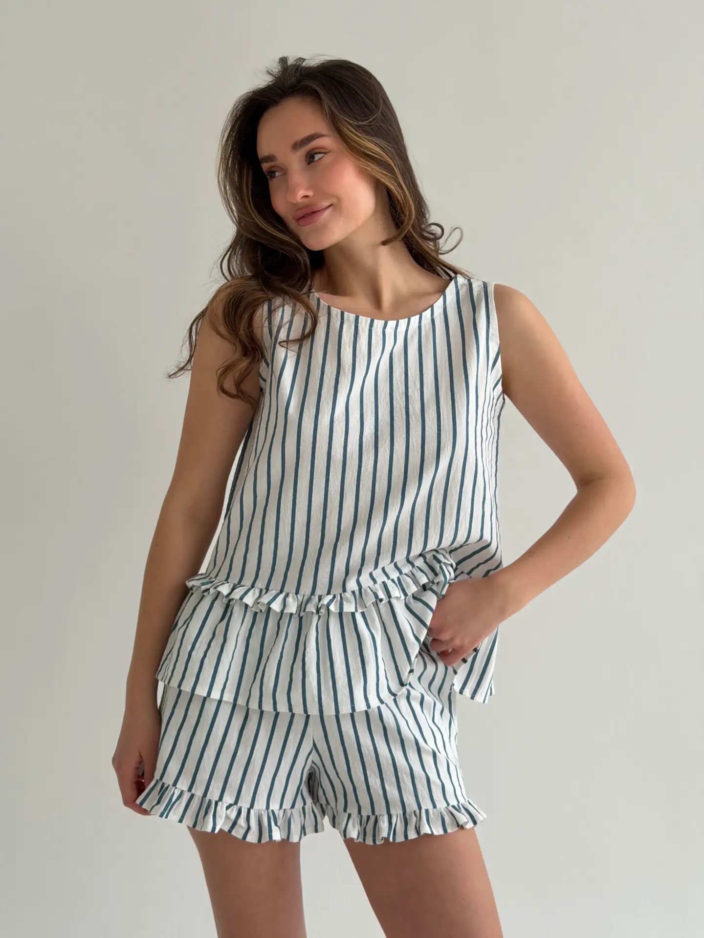 Костюм майка та шорти котон “бірюзова смужка на молочному”