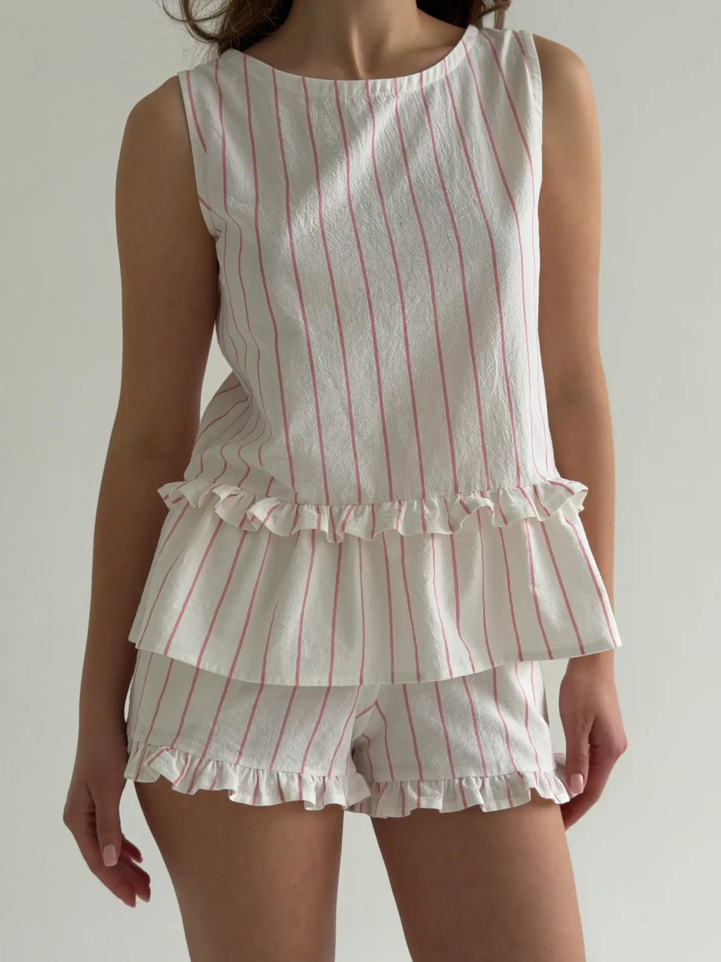 Костюм майка та шорти котон “рожева смужка на молочному”