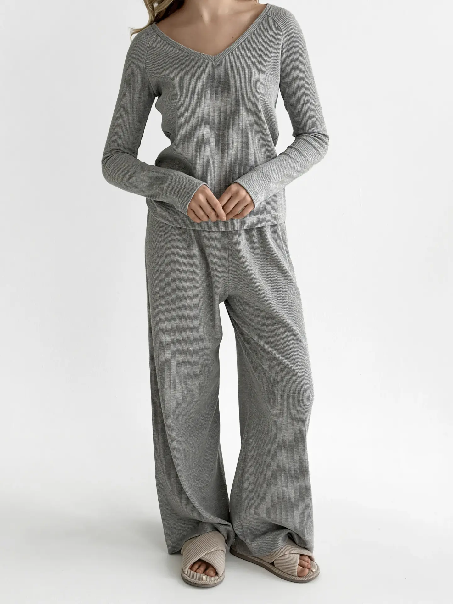Комплект лонгслів реглан та штани трикотаж вафельний сірий