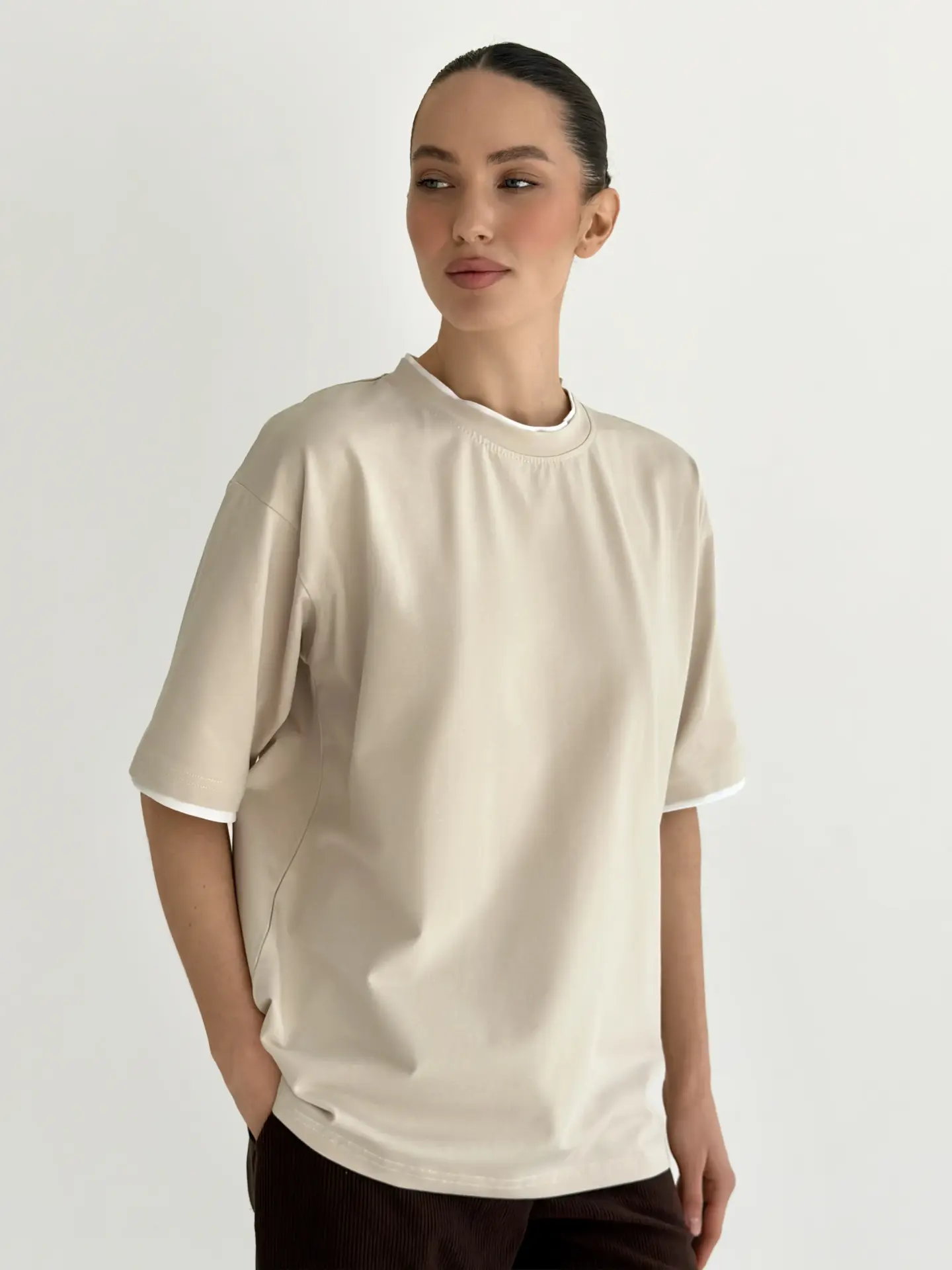 Футболка з білим кантом бежева, onesize