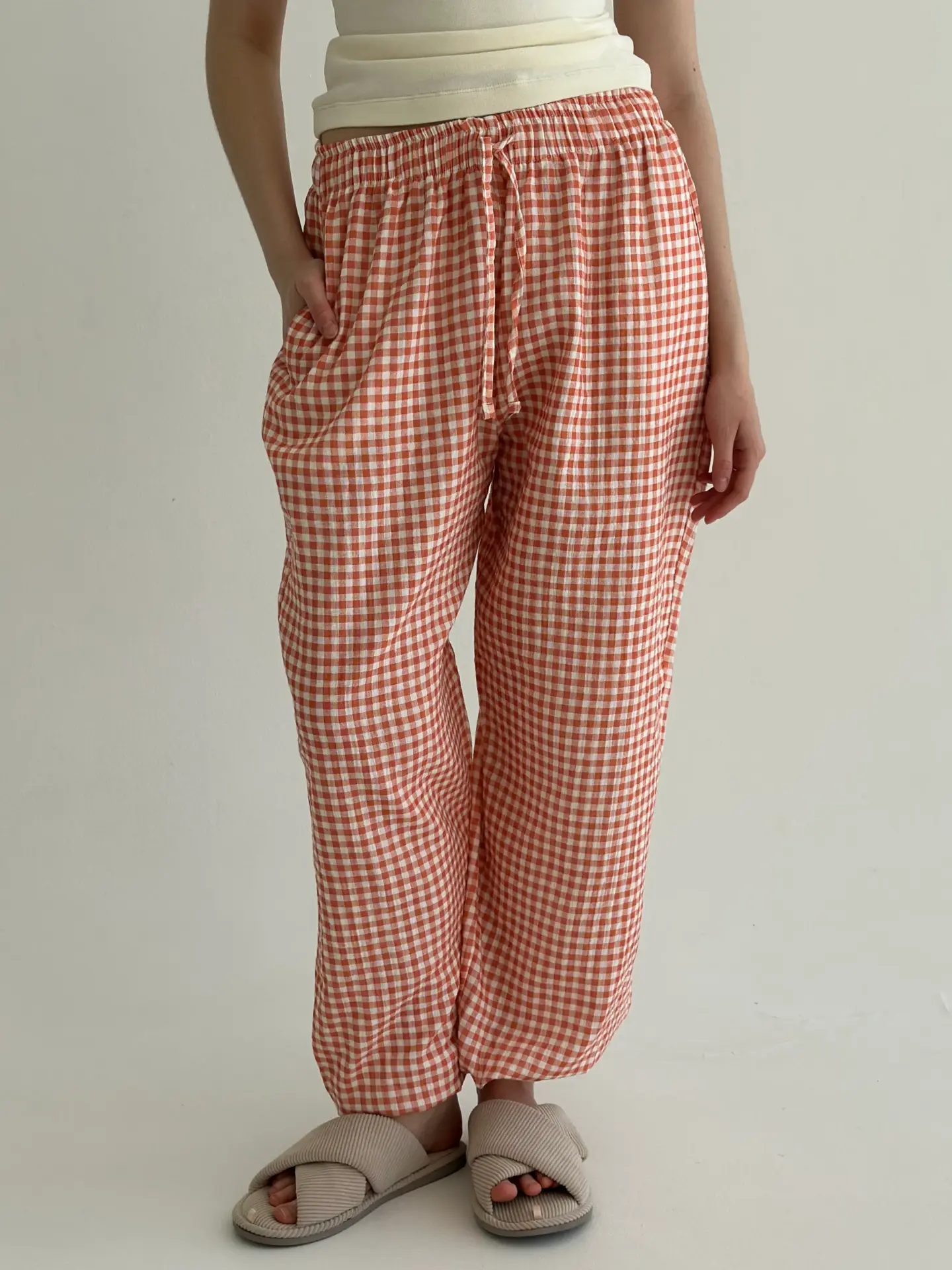 Муслін 2х шаровий Штани шаровари клітинка теракот на молочном
