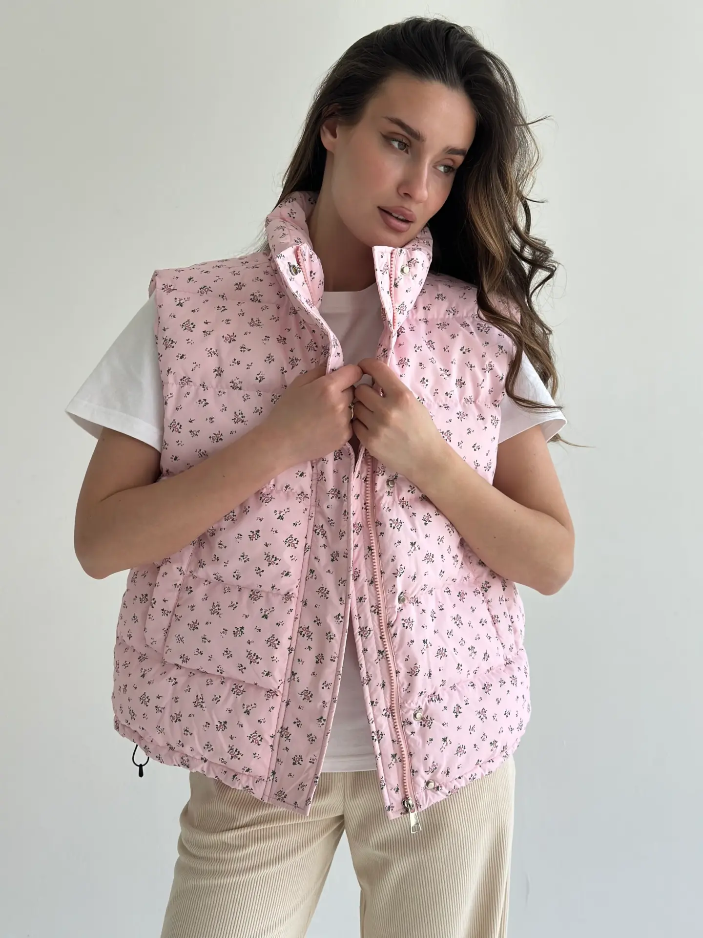 Жилетка стьобана дута рожева у квітку onesize
