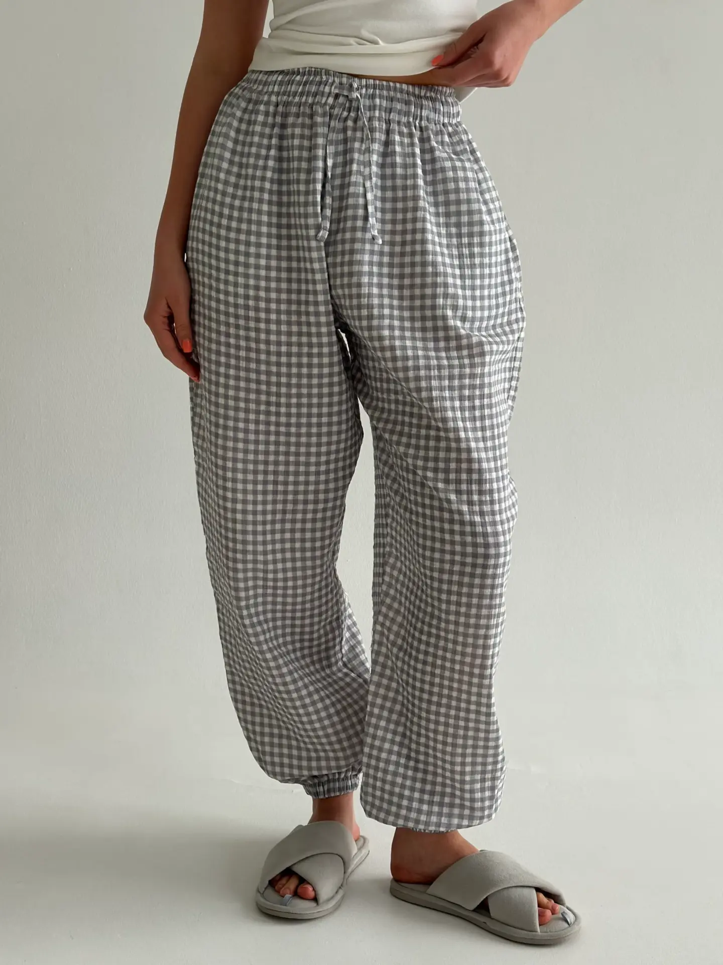 Муслін 2х шаровий Штани шаровари клітина сіра на молочном
