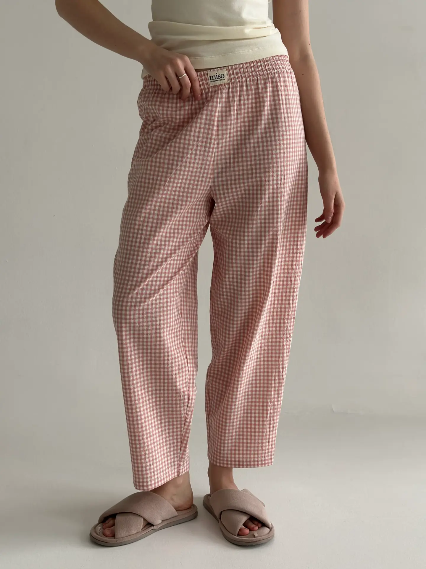 Штани клітка котон БАНАНИ пудра/молоко