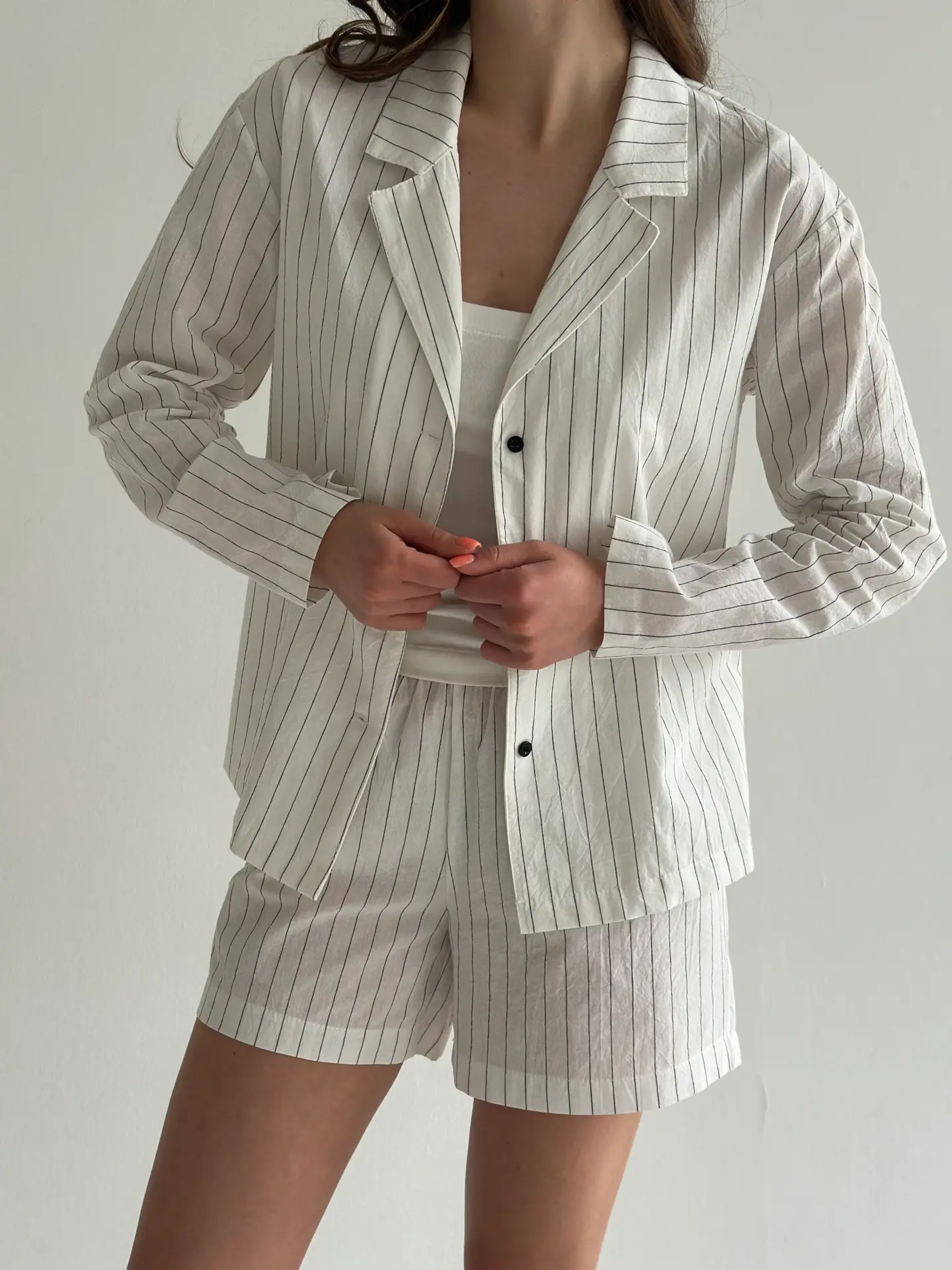 Костюм смужка тонка котон Сорочка та Шорти молоко/чорний