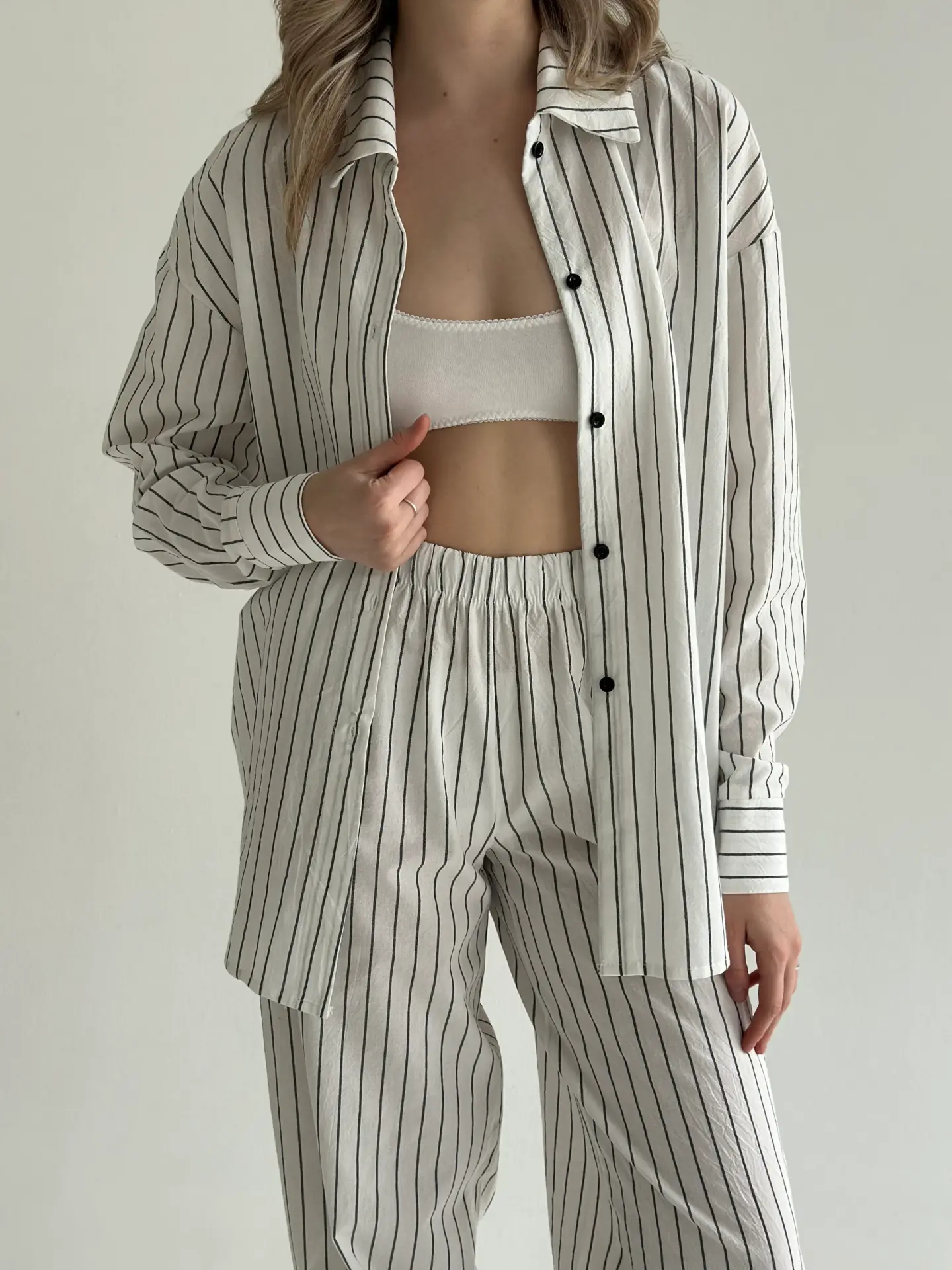 Костюм смужка широка котон Сорочка та Штани білий/чорний