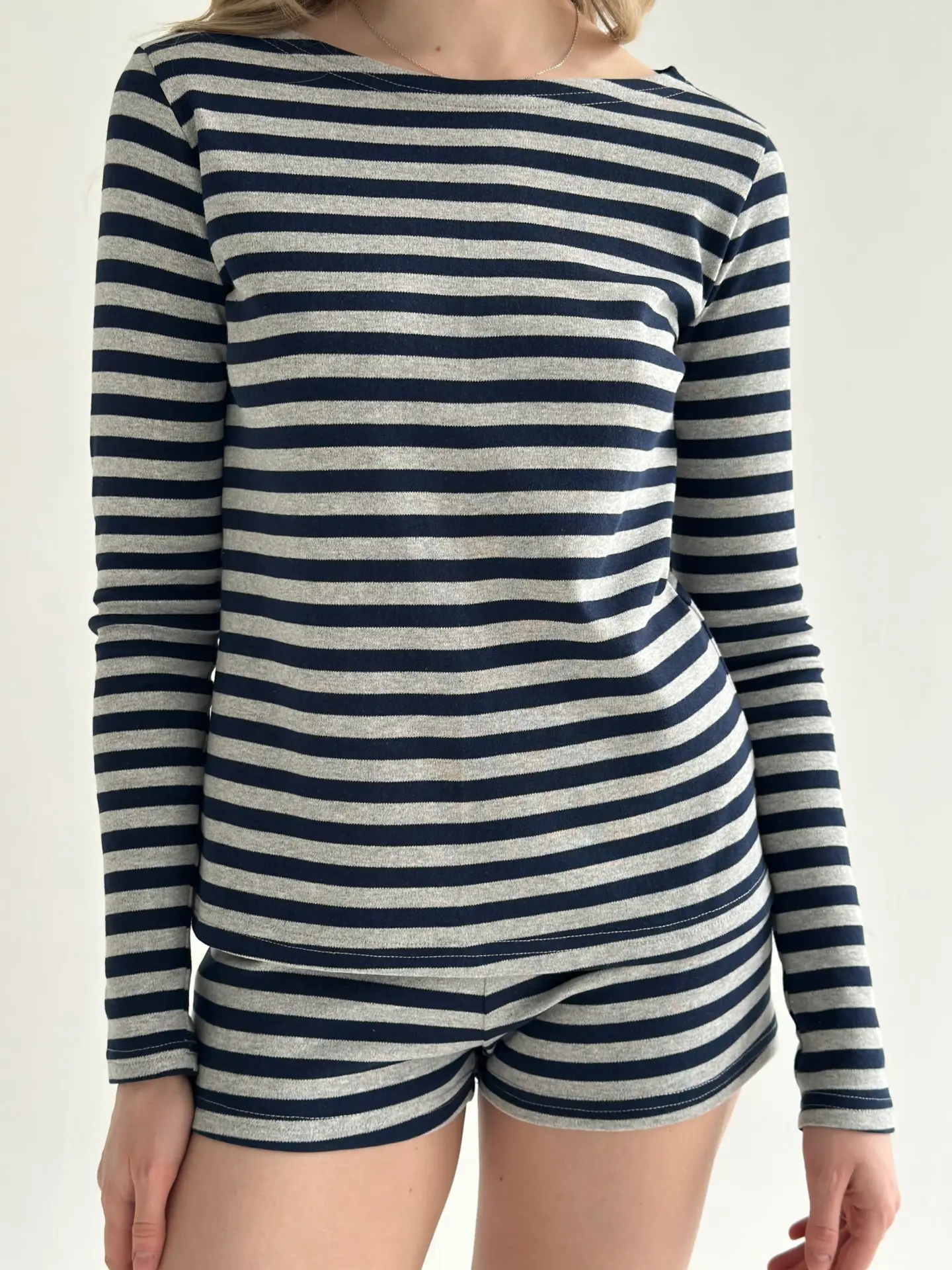 Трикотаж смужка Костюм лонгслів та шорти міні сірий/синій