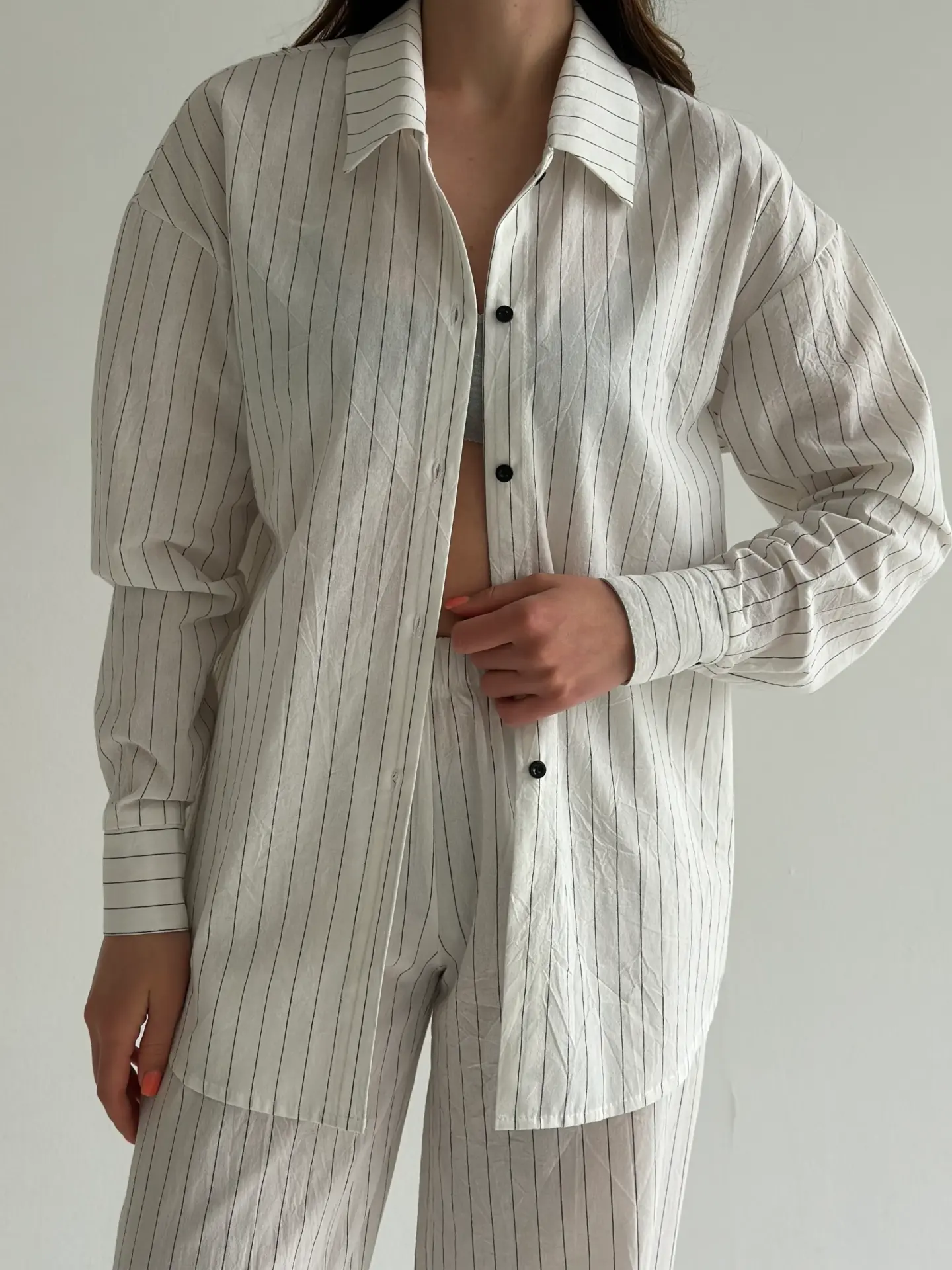 Костюм смужка тонка котон Сорочка та Штани молоко/чорний