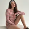 Трикотаж смужка Костюм лонгслів та шорти міні сірий/теракот