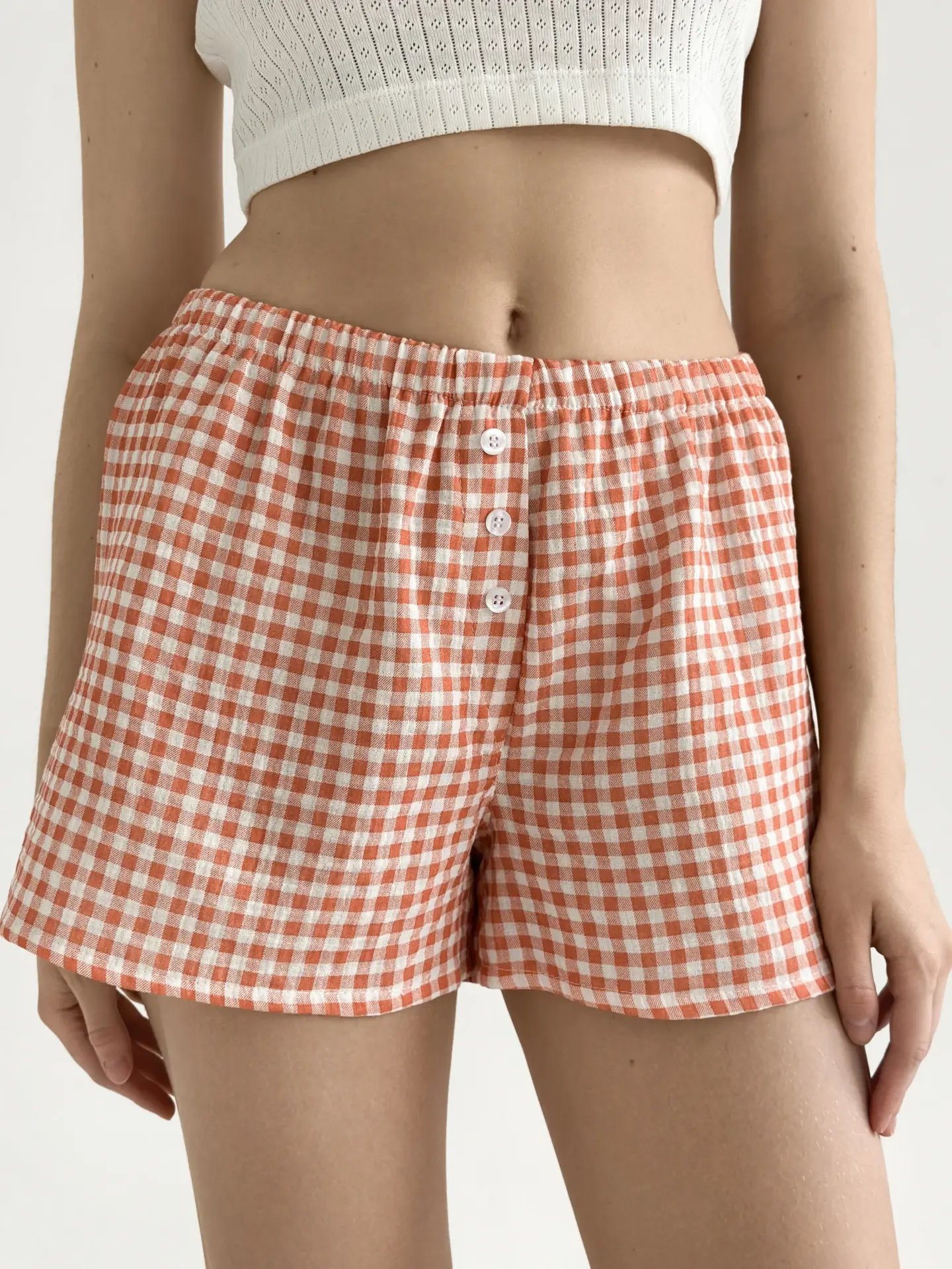 Муслін 2х шаровий Шорти МОНО клітинка теракот на молочном