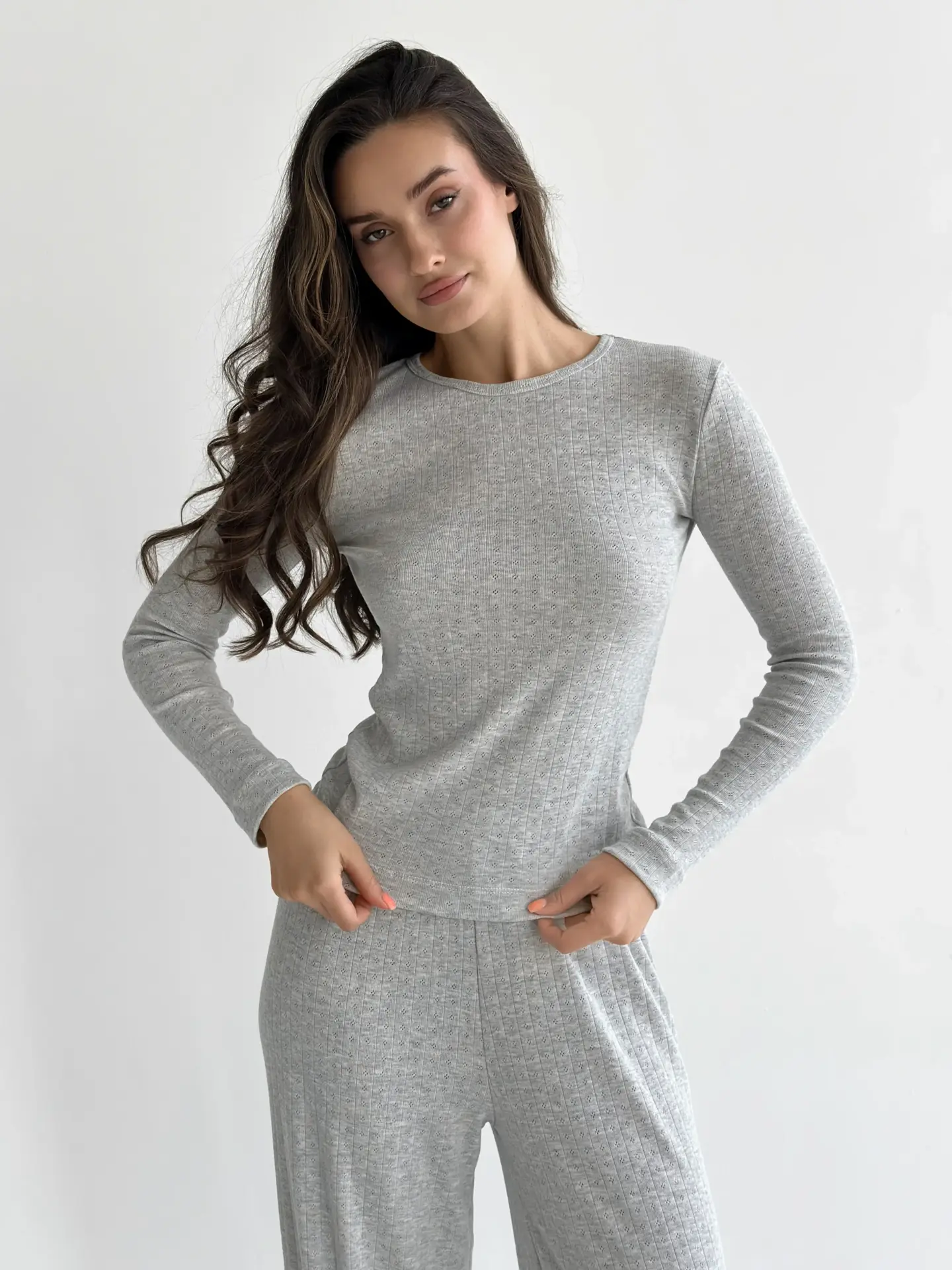 Рібана костюм трикотажний штани широкі та лонгслів світло сірий