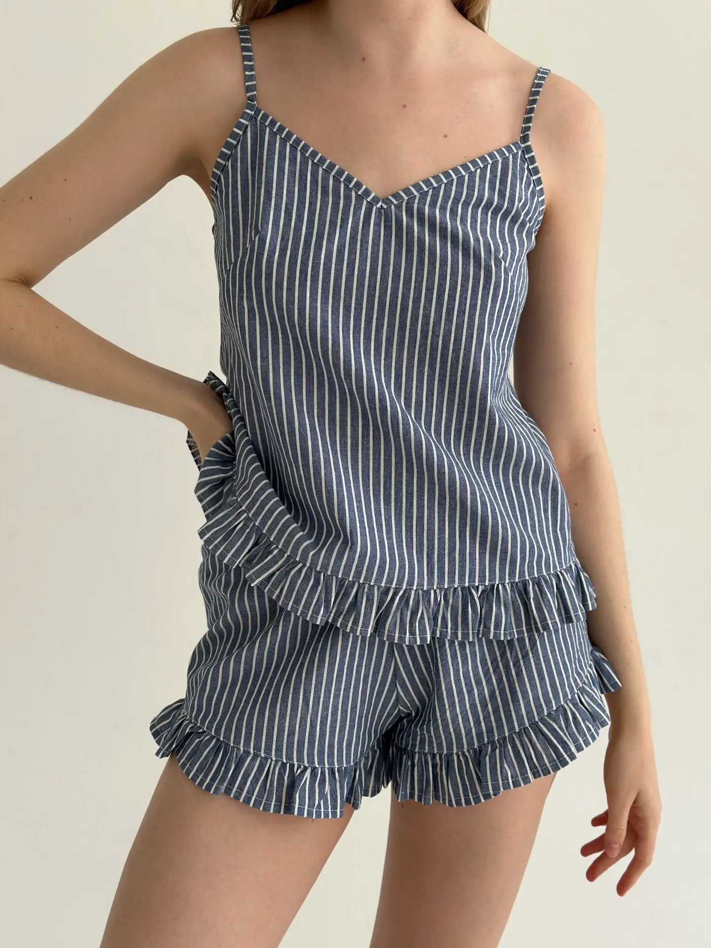 Костюм котон смужка Майка та Шорти синій/молоко