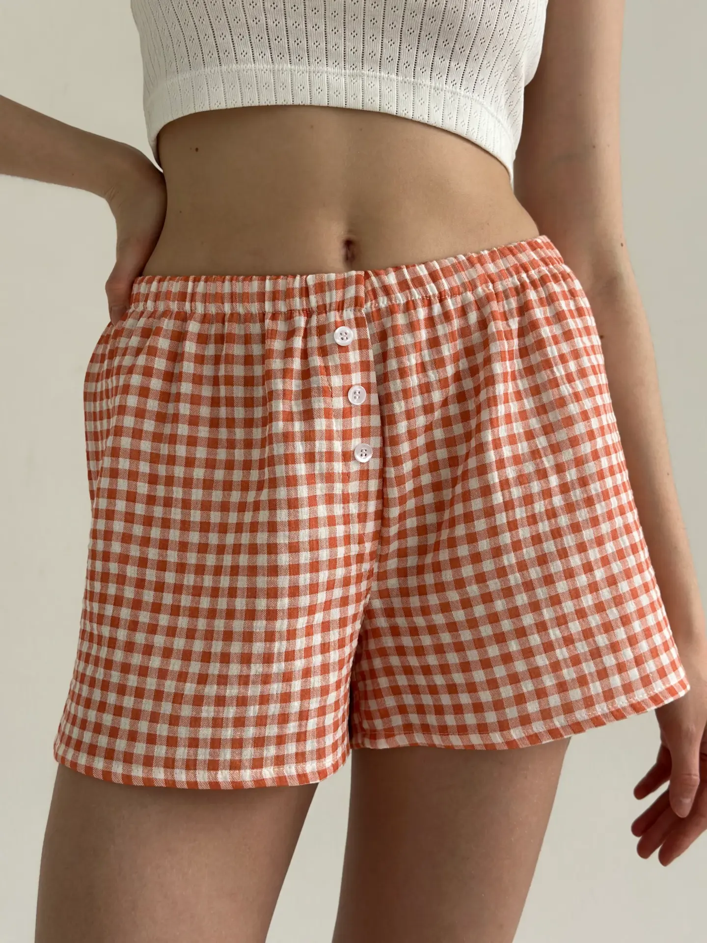 Муслін 2х шаровий Шорти МОНО клітинка теракот на молочном