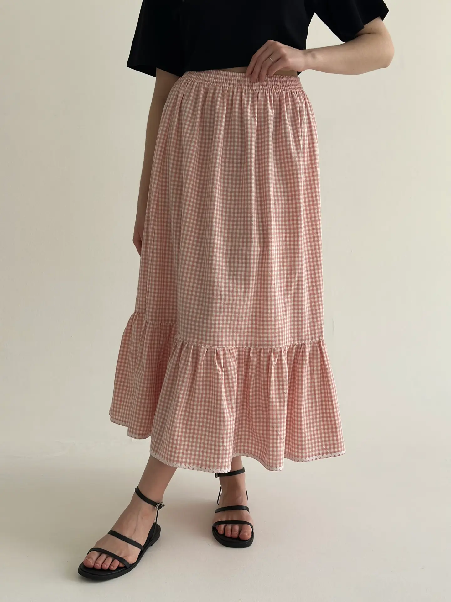 Спідниця котон клітка довга з тасьмою пудра/молоко