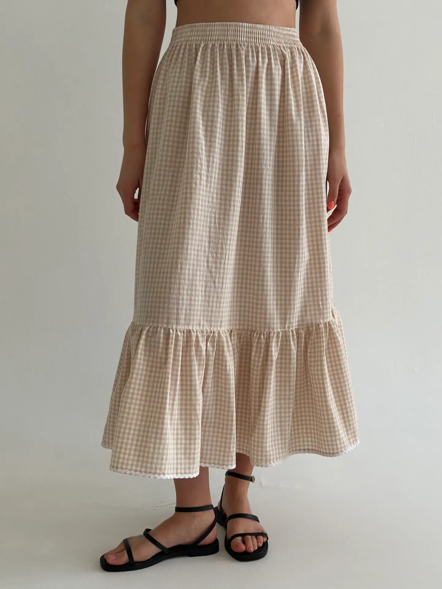Спідниця котон клітка довга з тасьмою беж/молоко
