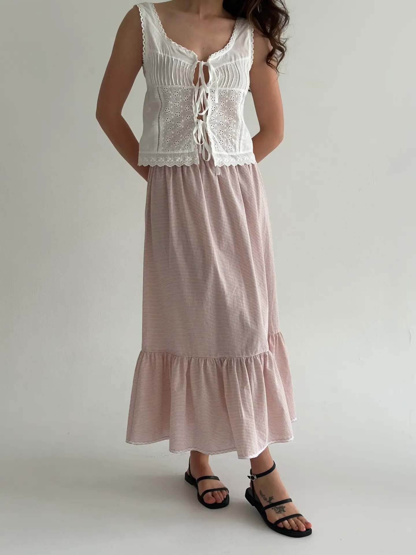 Спідниця котон тонка смужка довга з тасьмою пудра/молоко