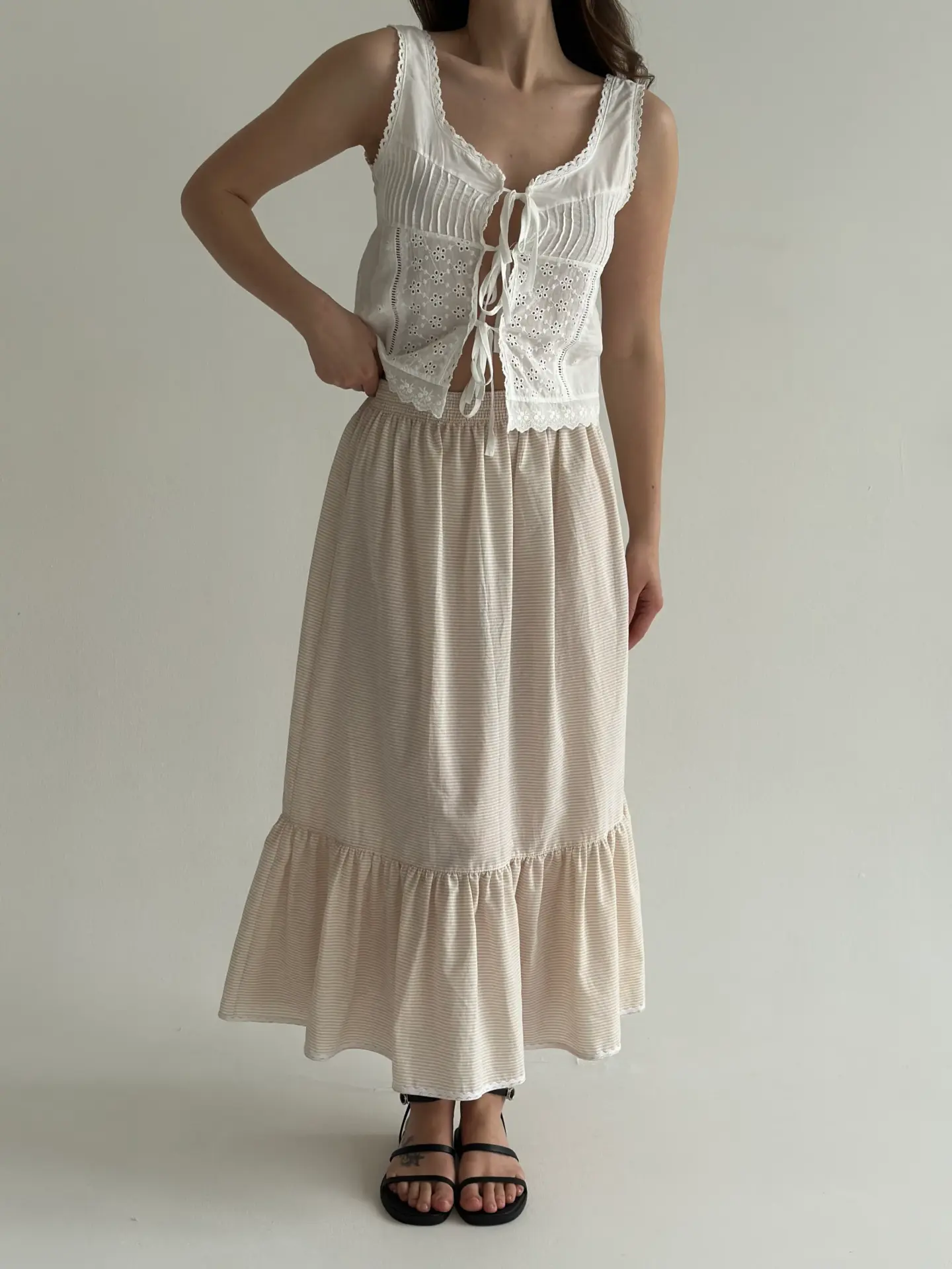 Спідниця котон тонка смужка довга з тасьмою беж/молоко