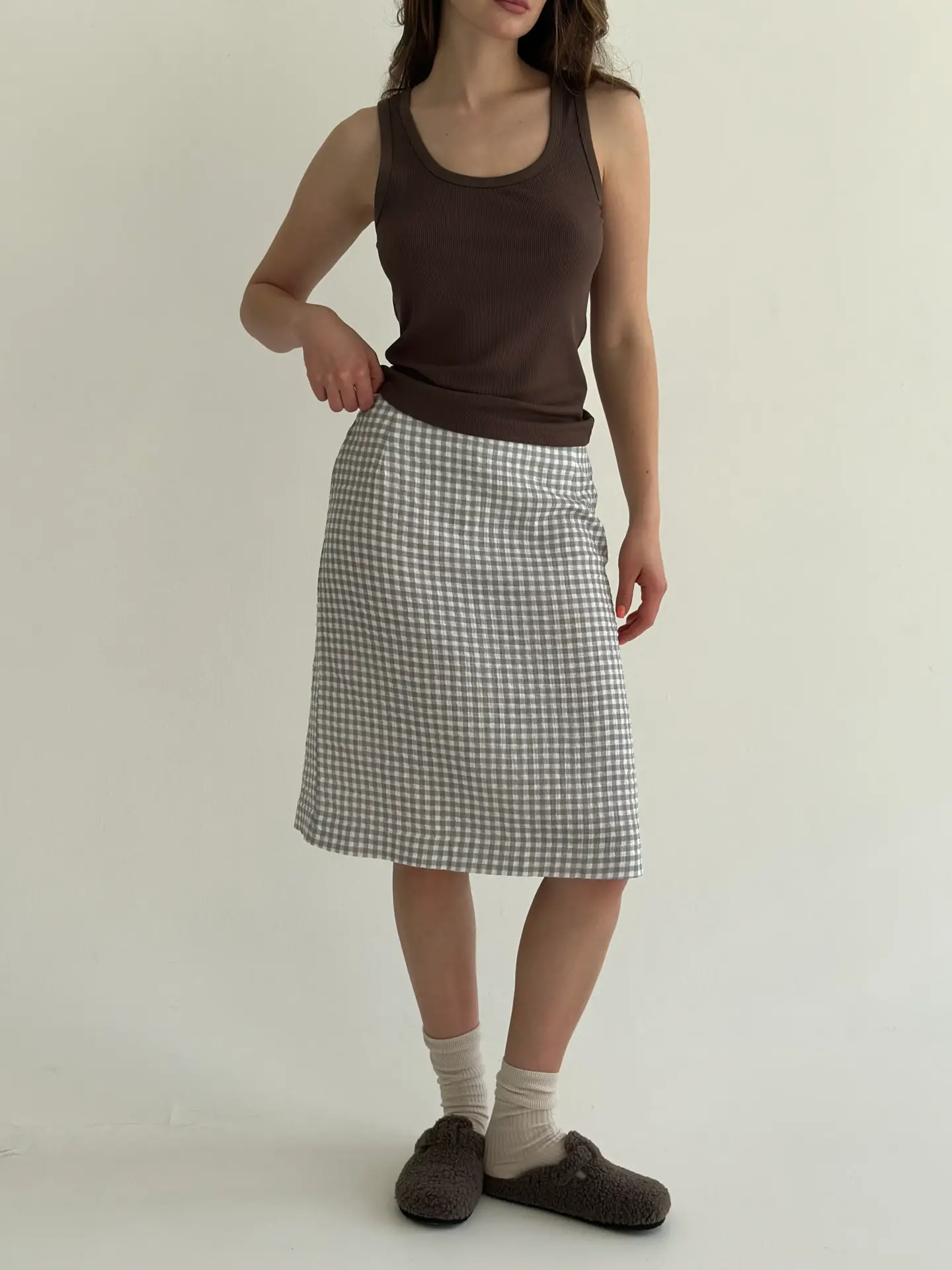 Муслін 2х шаровий Спідниця міді клітина сіра на молочном