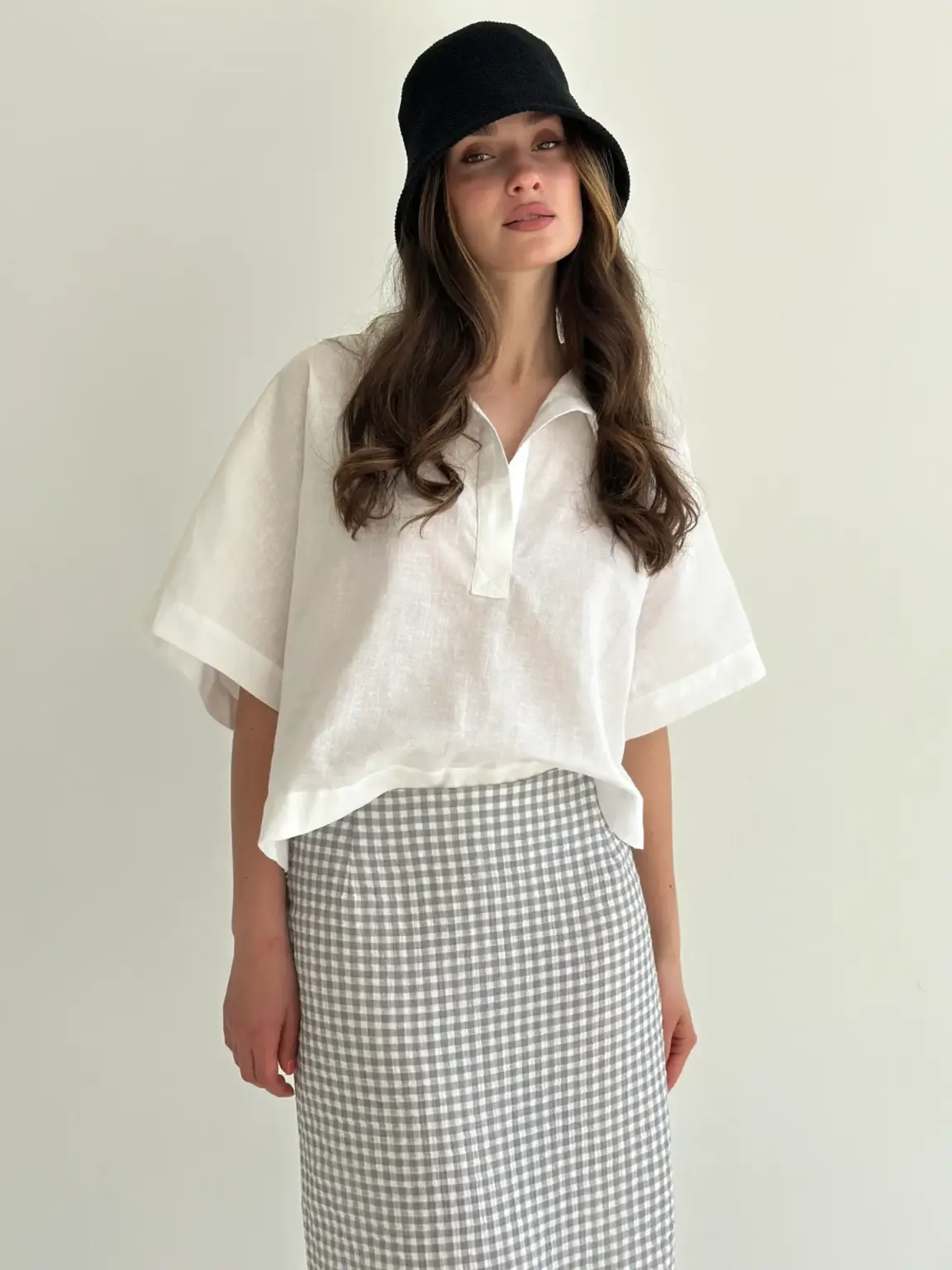 Муслін 2х шаровий Спідниця міді клітина сіра на молочном