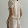 Костюм котон смужка тонка Блуза бант та Шорти беж/молоко
