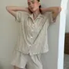Костюм з коротким рукавом та шорти махра жакард квітка бежевий