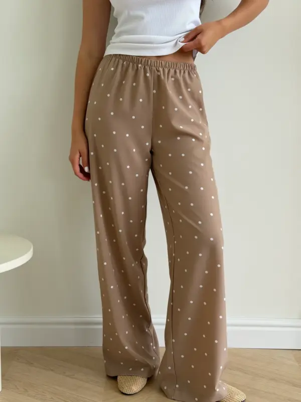 Штани софт горох дрібний білий на бежевом