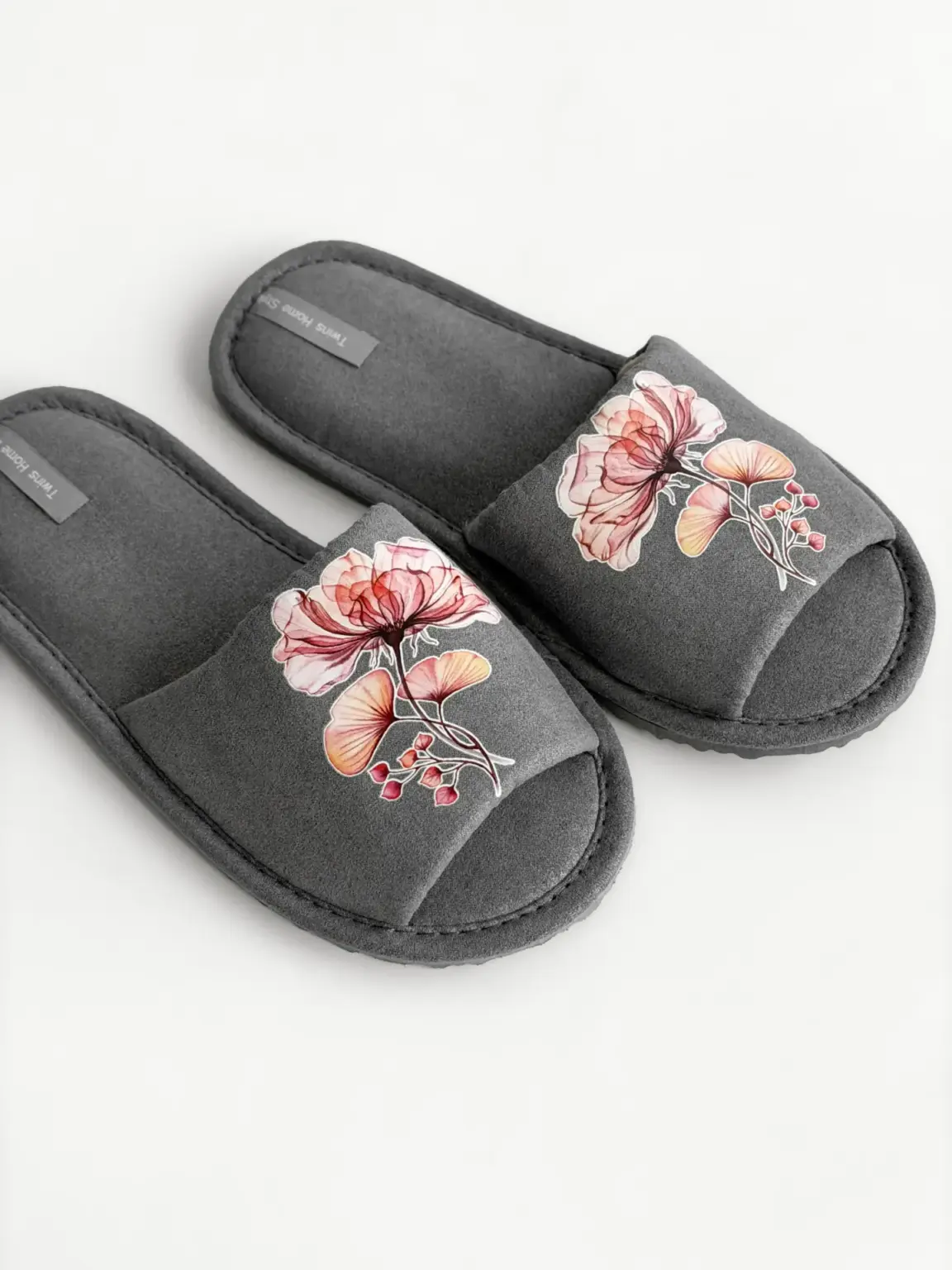 Капці домашні жіночі відкриті замшеві сірі з наліпкою Квітка