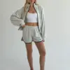 Костюм велюр-спорт кофта на блискавці та шорти з лампасами молоко меланж