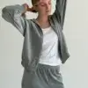 Костюм велюр-спорт кофта на блискавці та штани сірий меланж