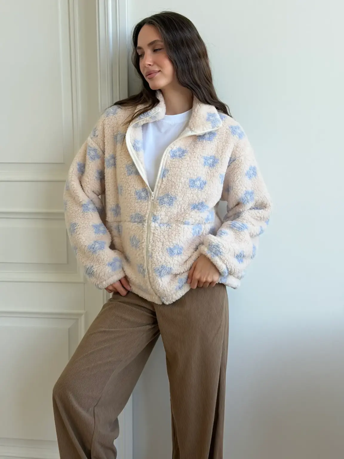 TEDDY Кофта на блискавці комір стійка блакитна квітка