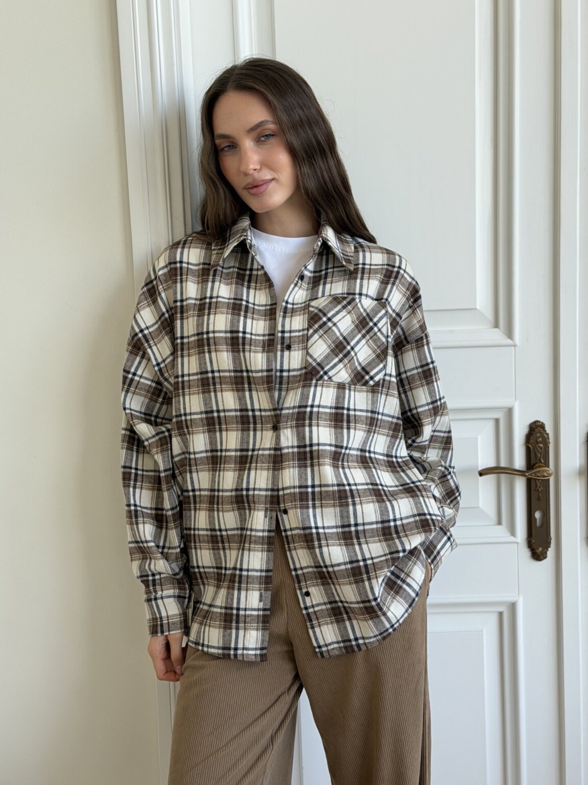 Фланель Сорочка клітинка хакі на молочному, One Size