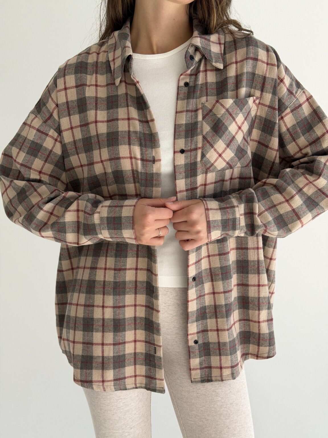 Фланель Сорочка клітинка бордо на бежевому, One Size