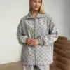Костюм кофта зі стійкою та штани полар фліс синя квітка на сірому