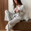 Фланель піжамний комплект чорна квітка на сірому